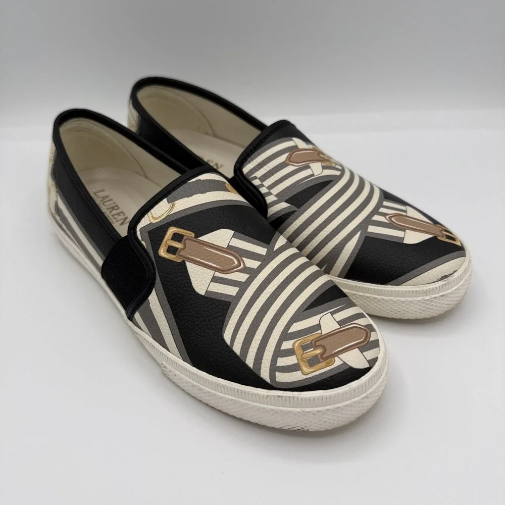 Lauren‎ Ralph Lauren Jinny Slip On Sneakers Black Belting AOP Sz 6 B